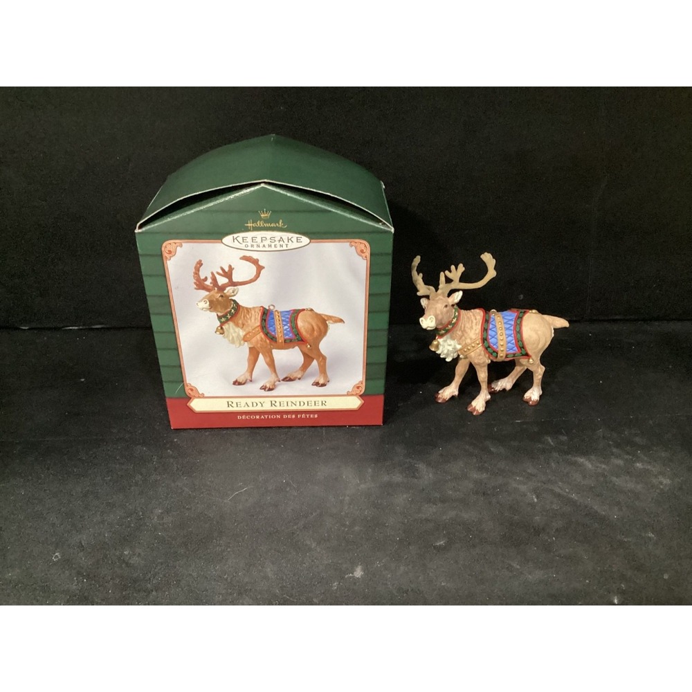 Vtg Hallmark Ready Reindeer Christmas 2001 Ornament Flocked Antlers Santa New